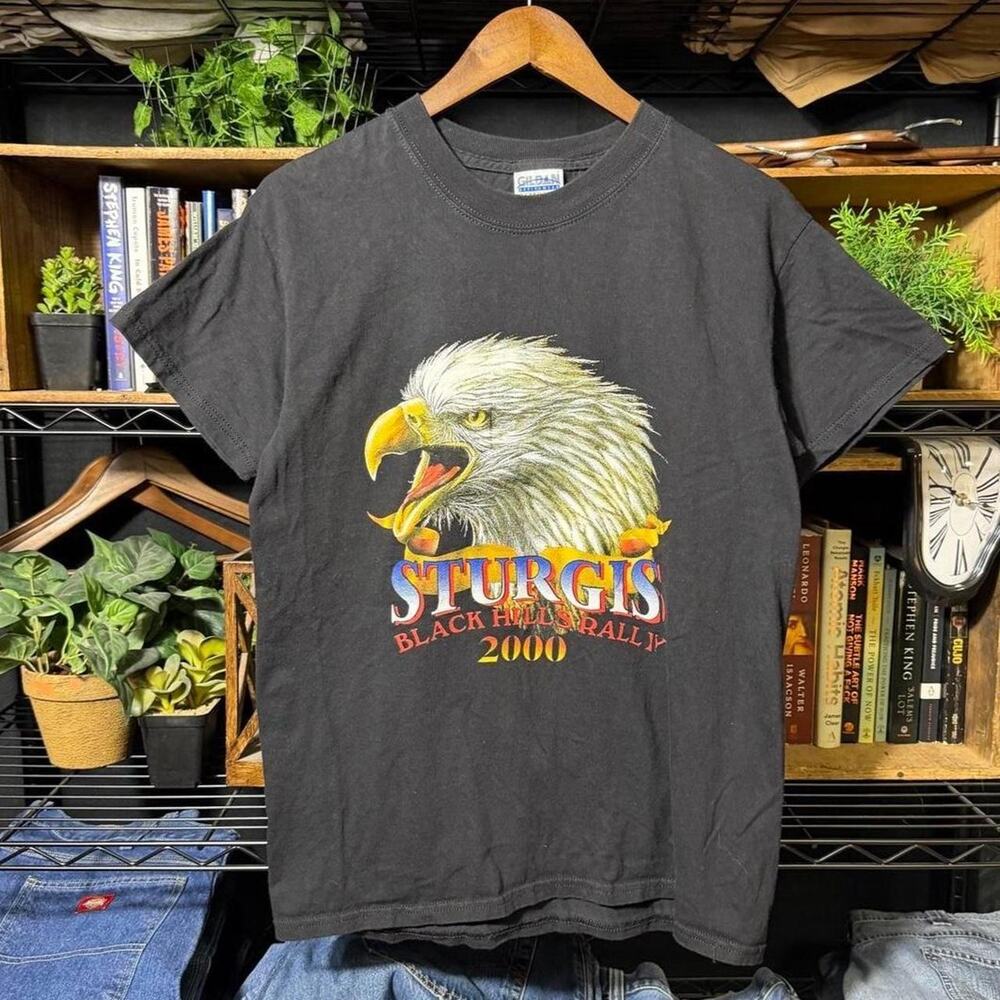 Vintage Y2K Sturgis Black Hills Rally Bald Eagle Tee Faded Black Biker Shirt